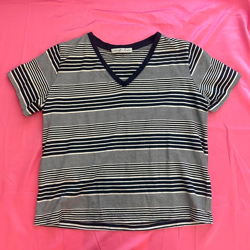 Blue and White Striped V-Neck T-Shirt